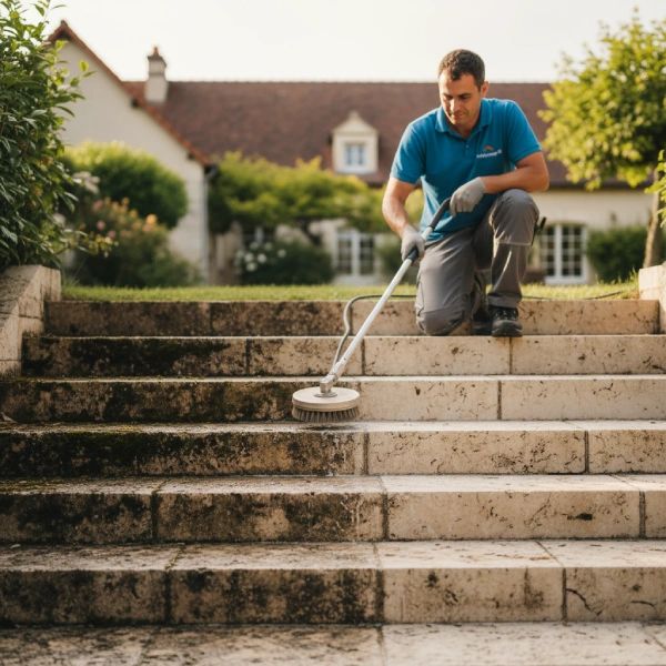 Nettoyage d'un escalier extérieur glissant en Vendée