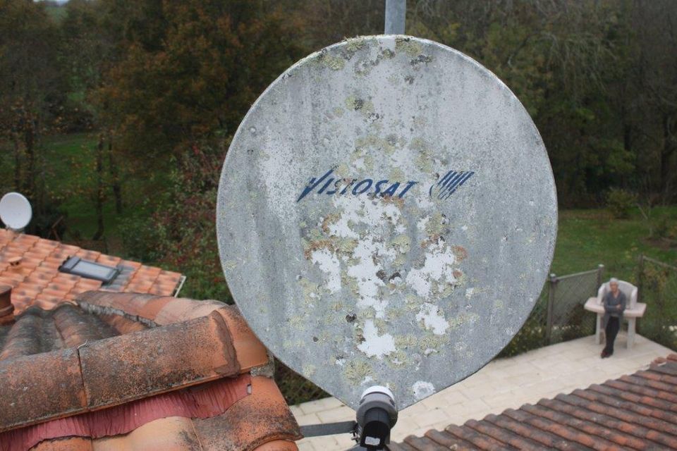 Parabole couverte de lichens à La Mothe-Achard, avant nettoyage
