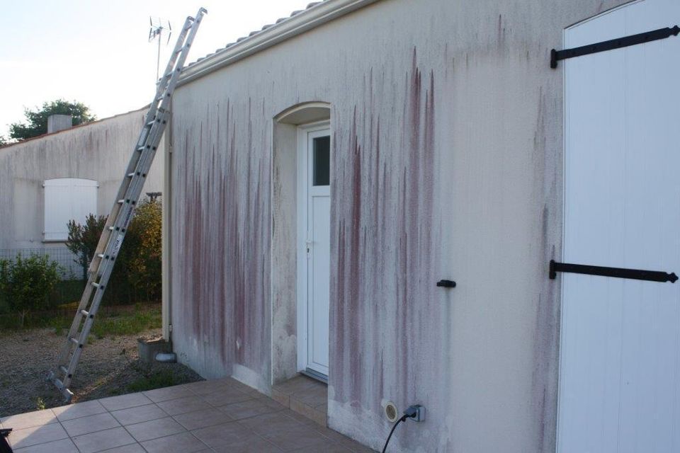 Façade enduite avec coulures noires à Venansault, avant nettoyage